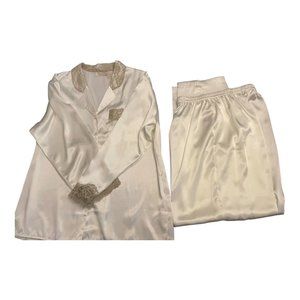 Victoria Secret Pajama Set Women's Medium Gold Label Ivory Satin Lace Trim